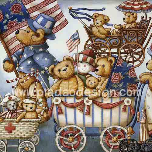 กระดาษสาพิมพ์ลาย rice paper สำหรับทำงาน handmade เดคูพาจ Decoupage แนวภาพ หมี เท็ดดี้แบร์ Teddy bear เดินพาเหรดขบวนรถเข็นเด็ก (pladao design)