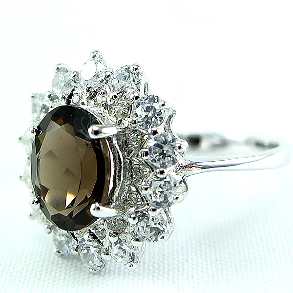 SKJewelryfactory แหวนเงินแท้ 92.5% ฝังพลอยสโมกกี้ควอทซ์แท้ สุดอลังค์ ER02202-SMQ