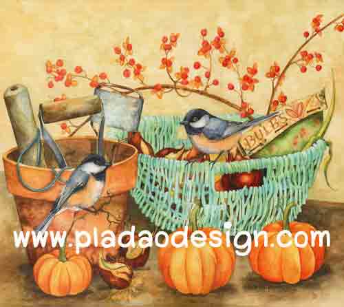 กระดาษสาพิมพ์ลาย สำหรับทำงาน เดคูพาจ Decoupage แนวภาำพ นกน้อยตัวอ้วนกลม 2 ตัว นั่งเล่นอยู่ในกระถาง กับบุ้งกี๋ปลูกดอกไม้แดง เป็นภาพวาดสีสวยคลาสสิค (ปลาดาวดีไซน์)