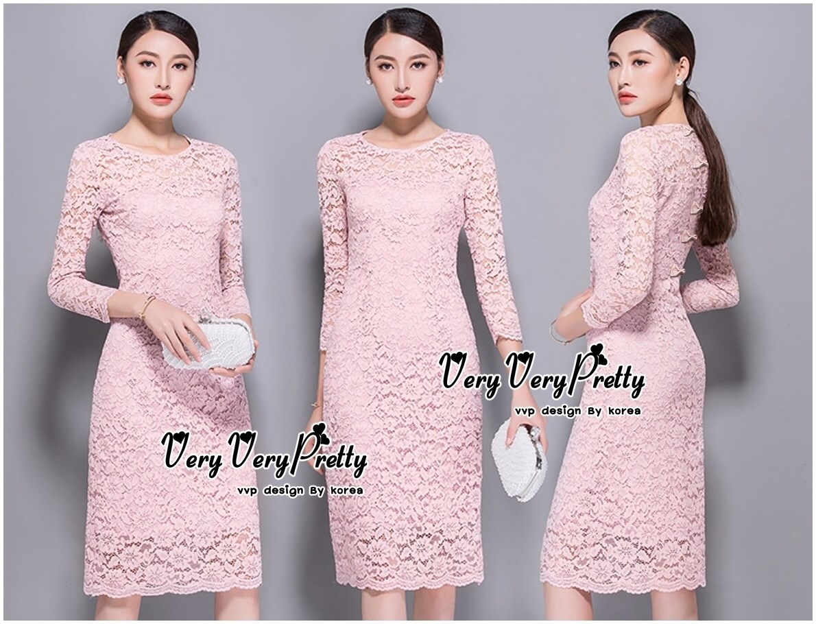 เดรสเกาหลี พร้อมส่ง ชุดเดรส สีชมพู มีซับในในตัว