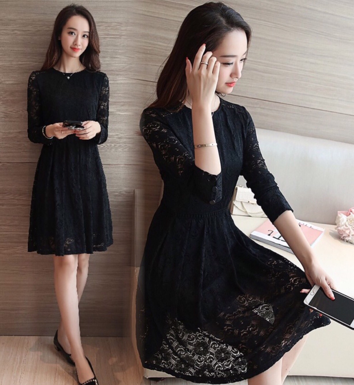 พร้อมส่ง เดรสลูกไม้แขนยาวเนื้อนิ่ม