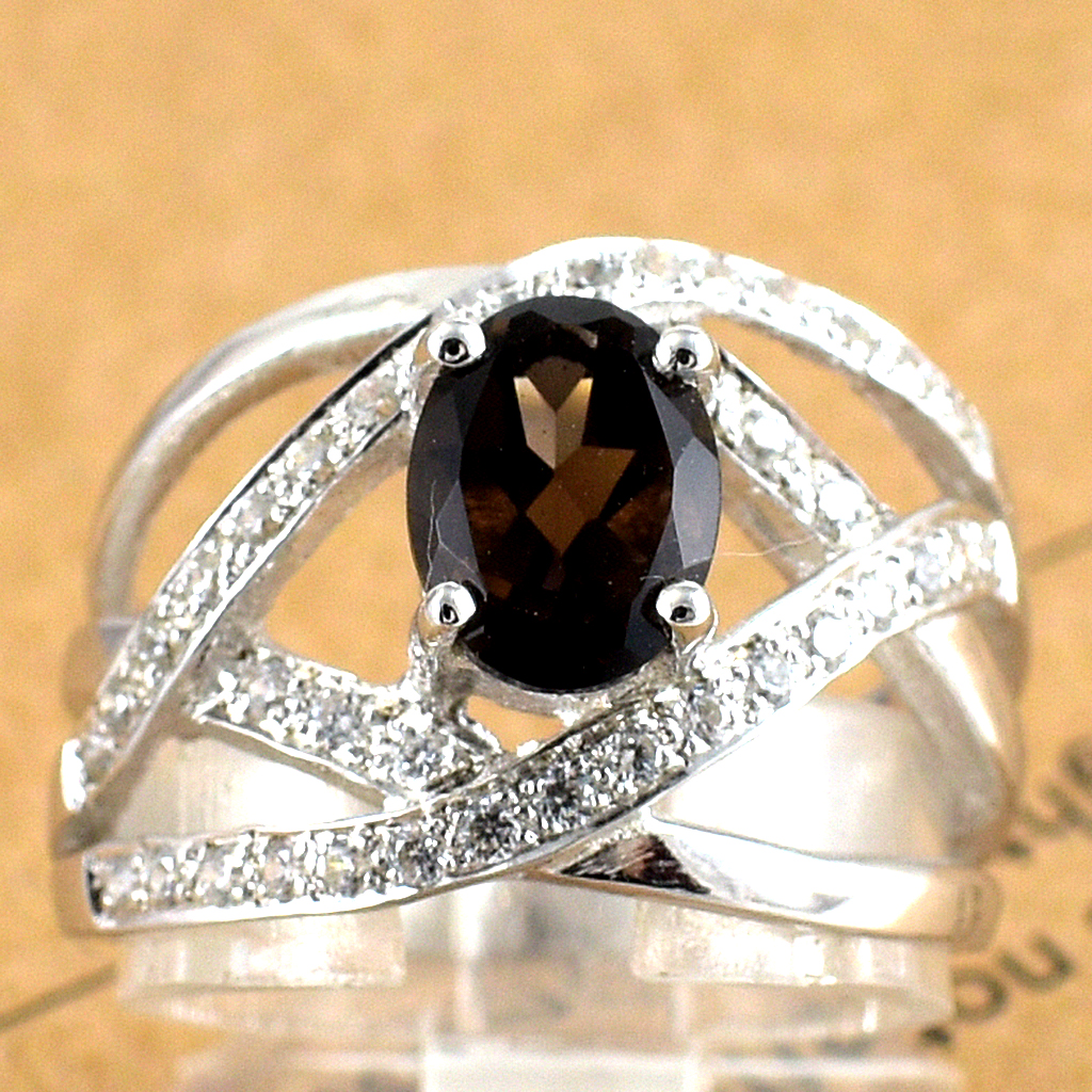 SKJewelryFactory แหวนพลอยสโมกกี้ควอทซ์แท้ พลอยสีน้ำตาลอมดำ แบบแหวนเก่ๆ ER00879-SMQ