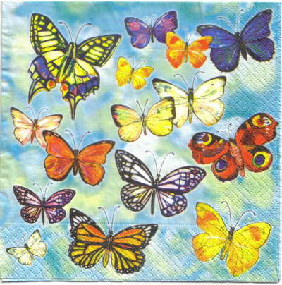 แนวภาพวินเทจ ผีเสื้อ หลากชนิด พื้นฟ้า Butterfly เป็นภาพแนวยาว กระดาษแนพกิ้นสำหรับทำงาน เดคูพาจ Decoupage Paper Napkins ขนาด 33X33cm