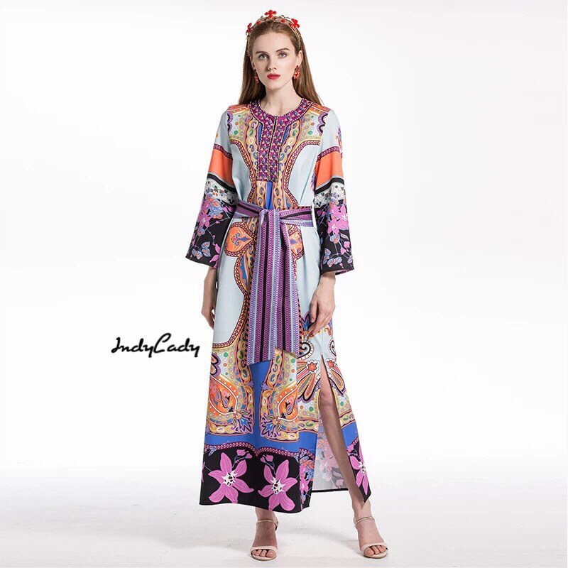 ชุดเดรสเกาหลี พร้อมส่ง เดรสยาว ลวดลายสวย ลายคมชัด