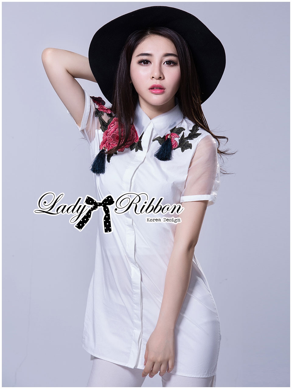 พร้อมส่ง เชิ้ตเดรสผ้าคอตตอนปักลายดอกกุหลาบประดับพู่
