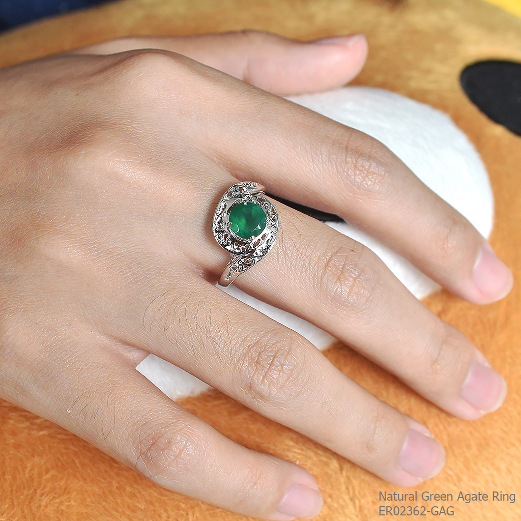 SKJewelryFactory แหวนฉลุลาย ใส่สบาย แหวนเงินแท้ 92.5% ฝังพลอยกรีนอะเกทแท้ ER02362-GAG