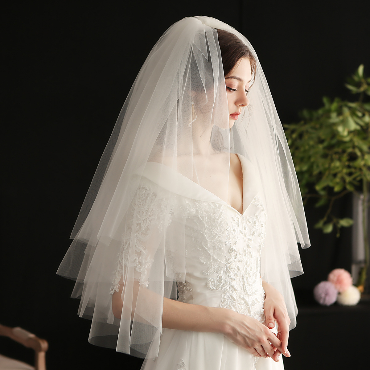 veil ผ้าคลุมเจ้าสาว แบบฟูสุดๆ เนื้อผ้าสวย มีหวีสับในตัว ยาว 90 cm.