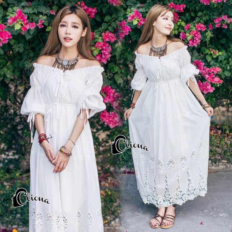 ชุดเดรสเกาหลี พร้อมส่ง long dress สีขาว ผ้า cotton