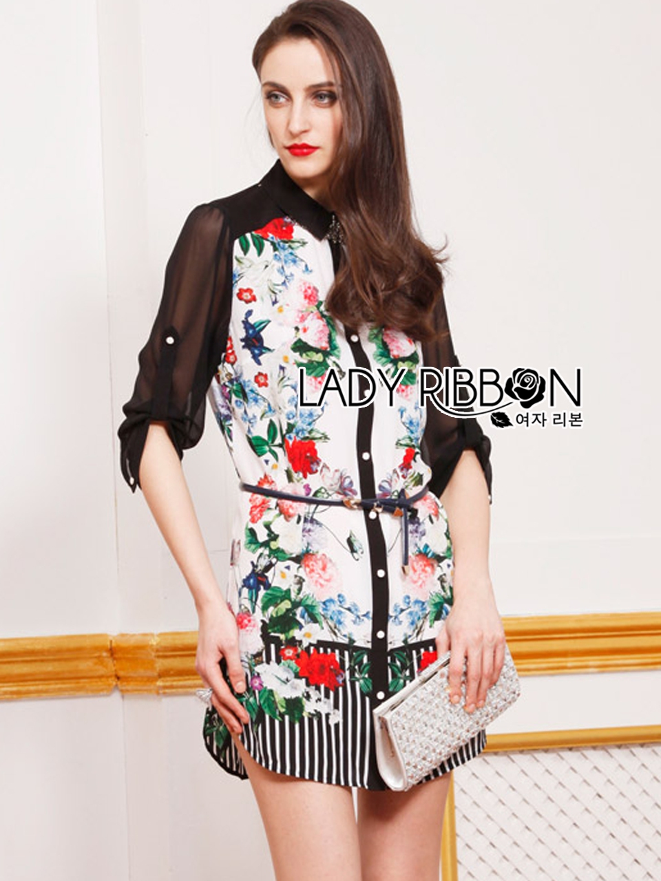 พร้อมส่ง เชิ้ตเดรสพิมพ์ลายดอกไม้และลายทาง