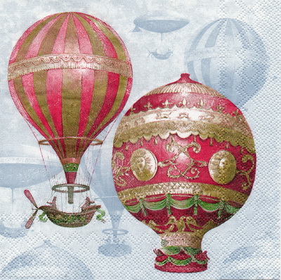 แนวภาพศิลปะ ภาพวาดบอลลูนลายแต่งสีแดง ภาพโทนสีฟ้า เป็นภาพ 4 บล๊อค กระดาษแนพกิ้นสำหรับทำงาน เดคูพาจ Decoupage Paper Napkins ขนาด 33X33cm