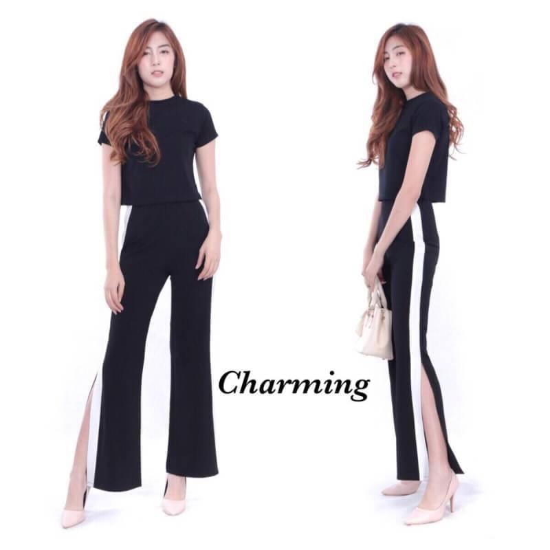 พร้อมส่ง กางเกงทรงสวย เอวสูง แต่งแถบข้าง