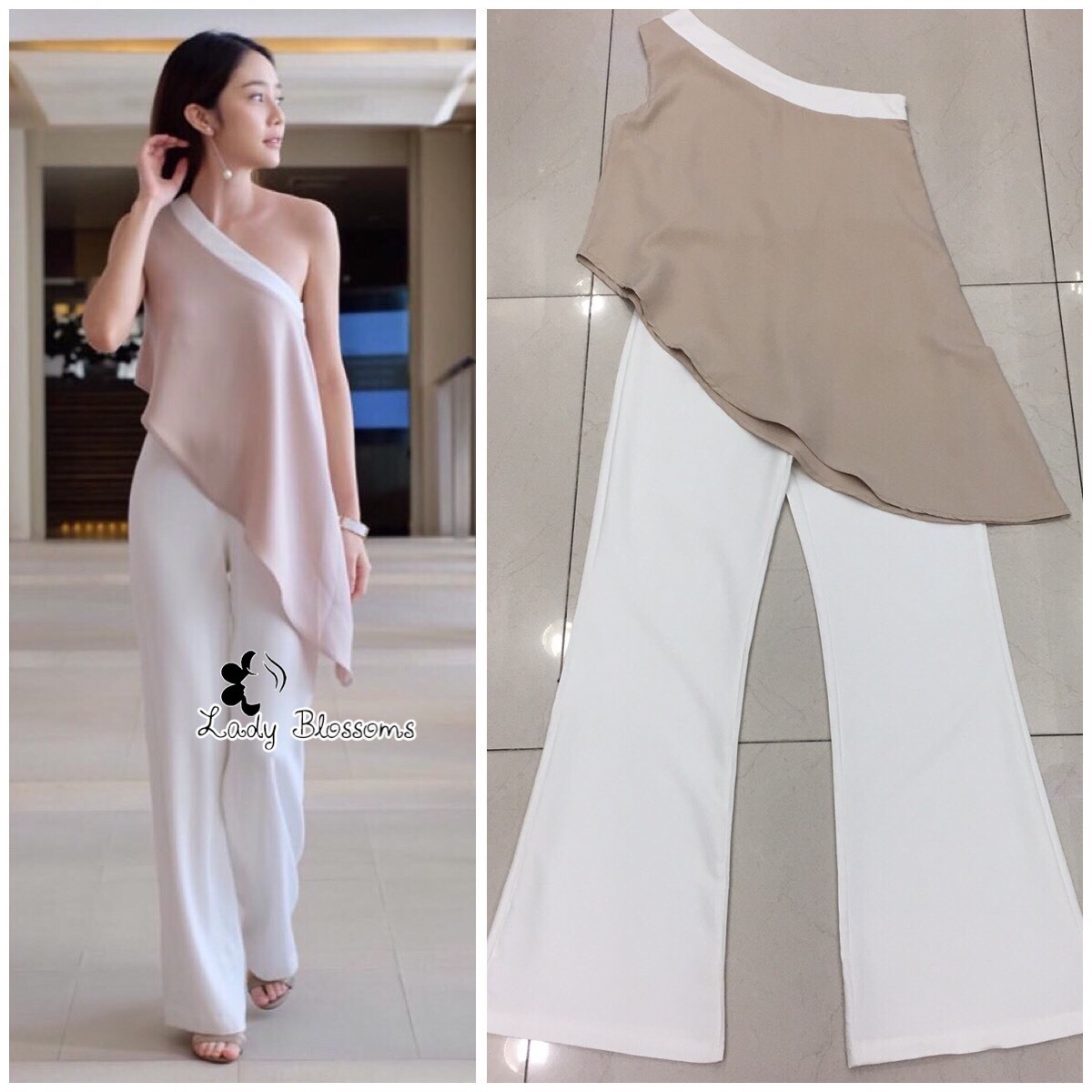 เสื้อผ้าเกาหลี พร้อมส่ง เสื้อแขนกุด ไหล่เฉียง กับ กางเกงขายาว