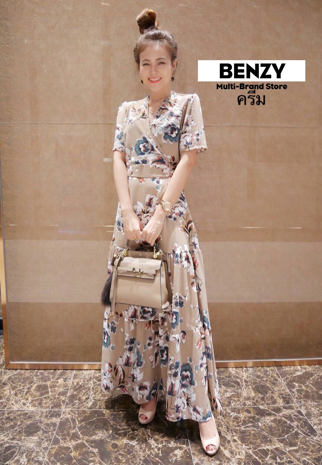เดรสเกาหลี พร้อมส่ง แม็กซี่เดรส เสื้อไขว้หน้าอก