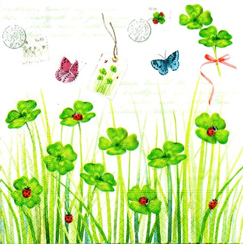 แนวภาพ สวน ใบไม้ ใบโคลเวอร์ Clover กับผีเสื้อ Stamp เป็นภาพ 4 บล๊อค กระดาษแนพกิ้นสำหรับทำงาน เดคูพาจ Decoupage Paper Napkins ขนาด 33X33cm