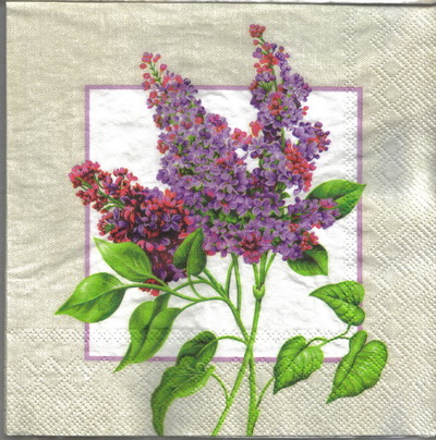 แนวภาพดอกไม้ ช่อดอกไลแลค บนกรอบเทา Lilac เป็นภาพบล็อค 4 กระดาษแนพกิ้นสำหรับทำงาน เดคูพาจ Decoupage Paper Napkins ขนาด 33X33cm