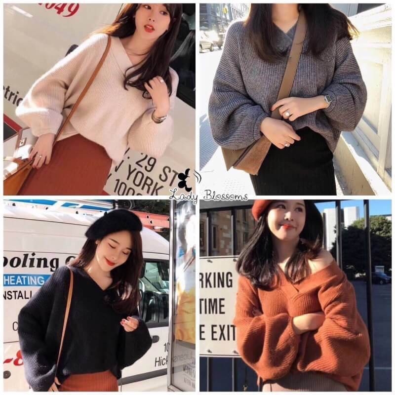 เสื้อเกาหลี พร้อมส่ง เสื้อไหมพรมเกรดดี คอวี