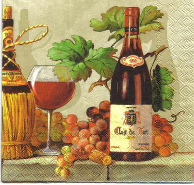 แนวภาพไวน์ ขวดไวน์กับองุ่น Wine เป็นภาพครึ่งแผ่น กระดาษแนพกิ้นสำหรับทำงาน เดคูพาจ Decoupage Paper Napkins ขนาด 33X33cm