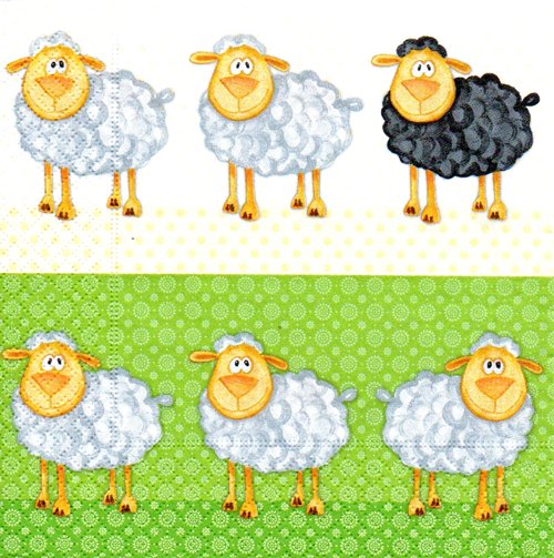 แนวภาพการ์ตูน แกะดำ ในฝูงแกะขาว Sheep สัตว์ เป็นภาพแนวยาว กระดาษแนพกิ้นสำหรับทำงาน เดคูพาจ Decoupage Paper Napkins ขนาด 33X33cm
