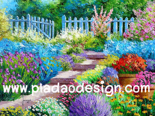 กระดาษสาพิมพ์ลาย สำหรับทำงาน เดคูพาจ Decoupage แนวภาำพ ภาพวาดสไตล์ยุโรปสีสันน่ารักมากๆ ดอกไม้สารพัดสี ปลูกเรียงกันหน้าขั้นบันได ริมรั้วไม้ สวยมาก (ปลาดาวดีไซน์)