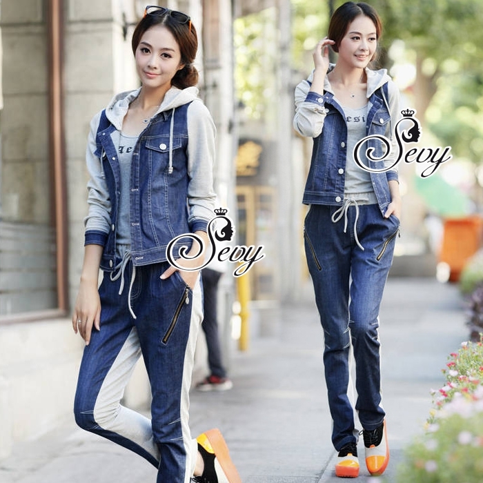 พร้อมส่ง Sets เสื้อแจ็กเก็ตฮู๊ดยีนส์