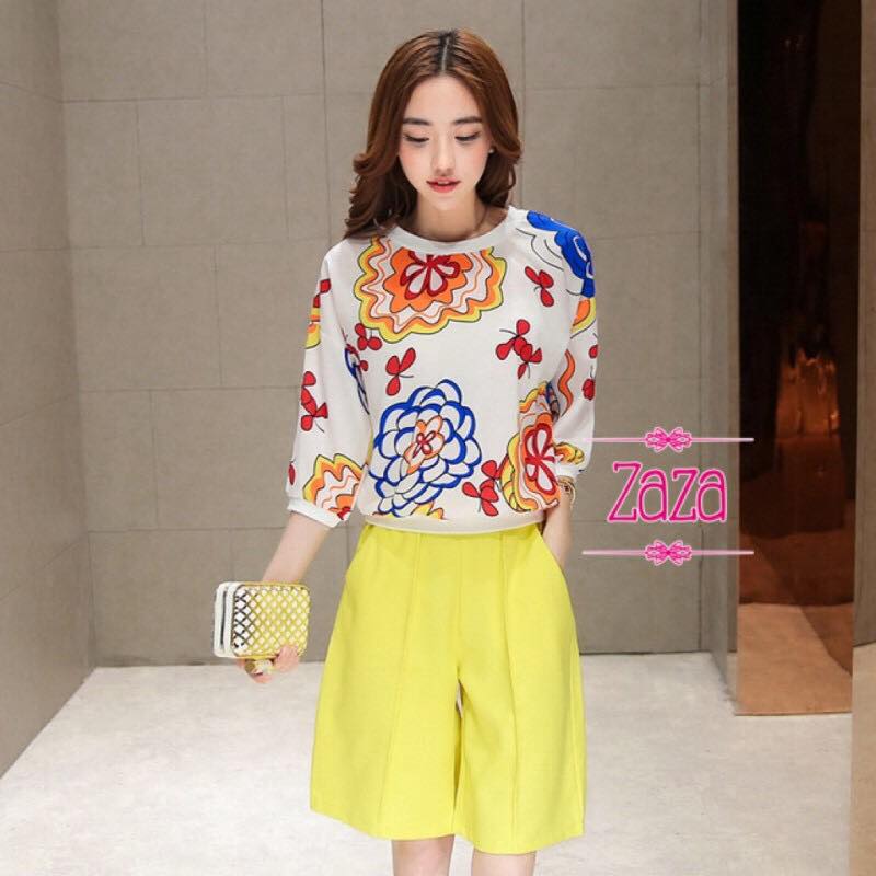 พร้อมส่ง เซตเสื้อดอกไม้ + กางเกง เหลือง