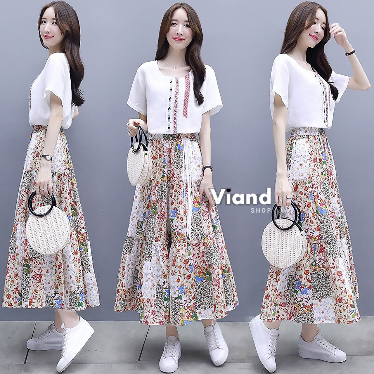 เสื้อผ้าเกาหลี พร้อมส่ง เสื้อผ้าฝ้ายปัก กับ กระโปรงเอวยางยืด