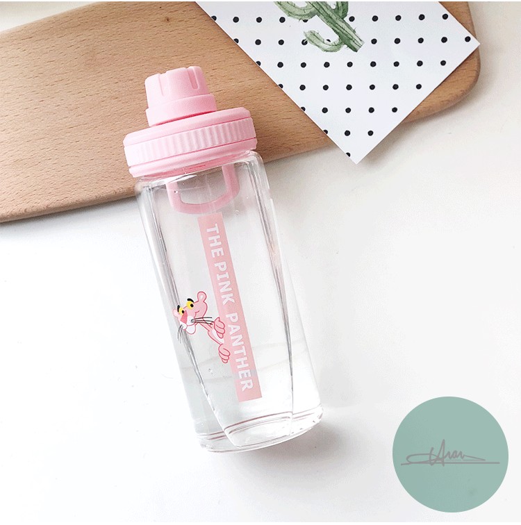 ขวดน้ำ ขวดนม Pink Panther พกพา แก้ว borosilicate ฝาดื่ม หมุนปิด มี 2 ขนาด 400 /500 ml.