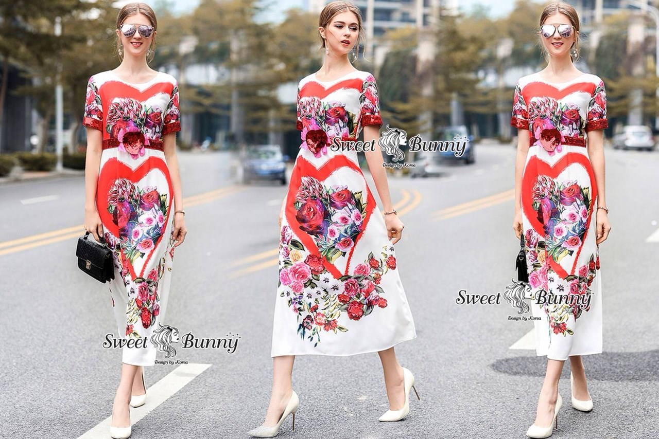 ชุดเดรสเกาหลี พร้อมส่ง Maxi Dress ปัก