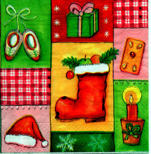 แนวภาพคริสต์มาส Christmas Collage หมวก ถุงเท้า ของขวัญ กระดาษแนพกิ้นสำหรับทำงาน เดคูพาจ Decoupage Paper Napkins ขนาด 33X33cm