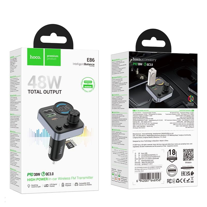 Hoco E86 Alegria 48W Dual Port BT Car FM Transmitter PD30W+QC3.0 หัวชาร์จในรถ