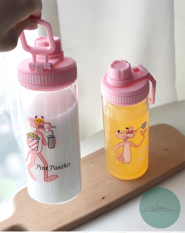 ขวดน้ำ ขวดนม Pink Panther พกพา แก้ว borosilicate ฝาดื่ม หมุนปิด มี 2 ขนาด 400 /500 ml.