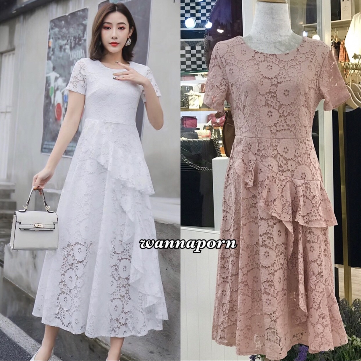 เดรสผ้าลูกไม้ พร้อมส่ง เดรส แต่งกระโปรงระบายเฉียง