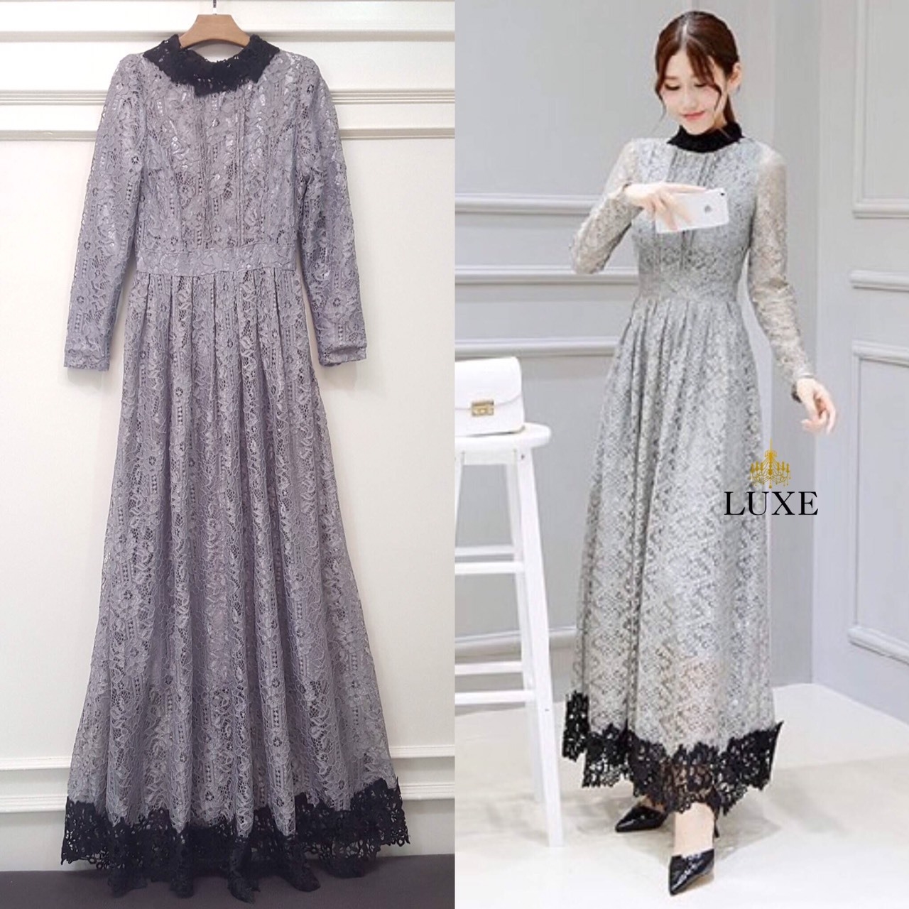 ชุดเดรสเกาหลี พร้อมส่ง เดรสยาว กระโปรงบานจับจีบทวิสต์