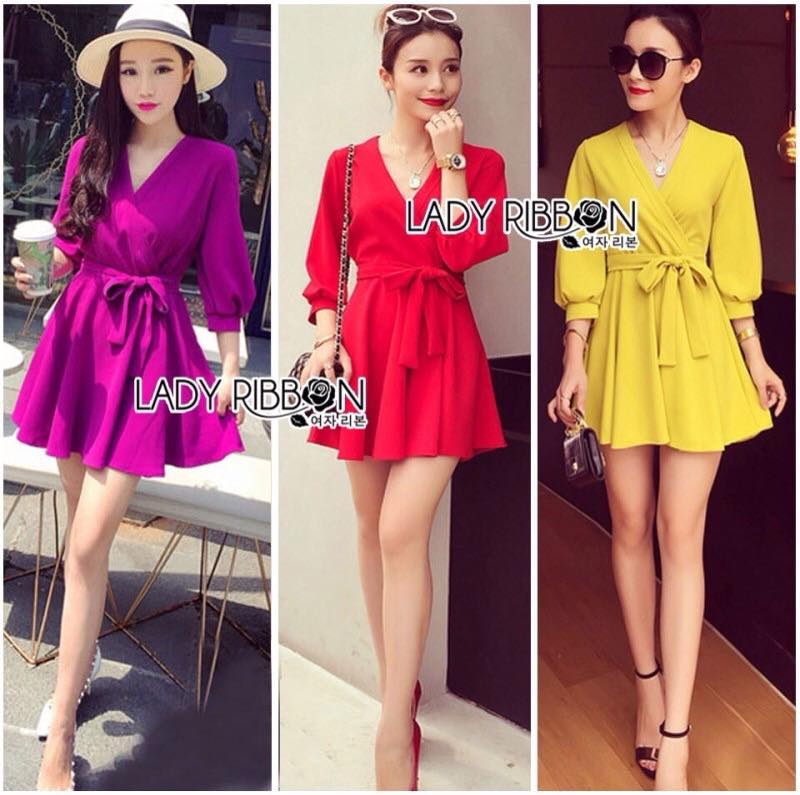 พร้อมส่ง เดรสเกาหลี เดรสปาดข้างผูกโบสีสด