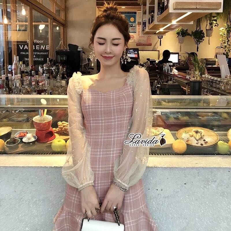 เดรสแฟชั่น พร้อมส่ง มินิเดรส ผ้าทอลายสก็อตโทนชมพูอ่อน