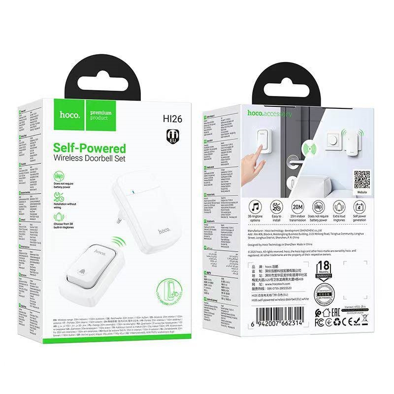 Hoco HI26 กริ่งประตูไร้สาย Self-powered (EU Plug) ไม่ต้องเดินสายไฟ ใช้งานง่ายแค่เสียบปลั๊ก