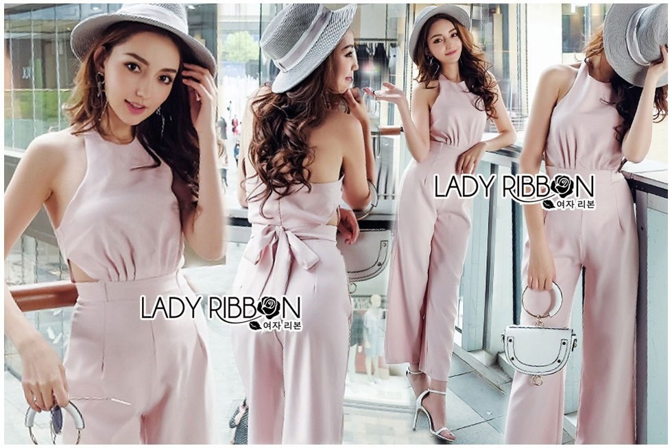 เสื้อผ้าเกาหลี พร้อมส่ง จัมป์สูท ผ้าเครปสีเบบี้พิงค์