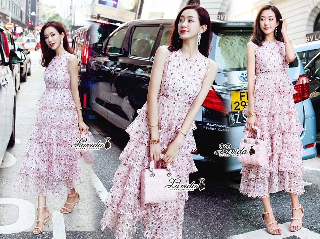 เดรสเกาหลี พร้อมส่ง เดรส สุดหรู งานผ้าลูกไม้ทอลาย3มิติ