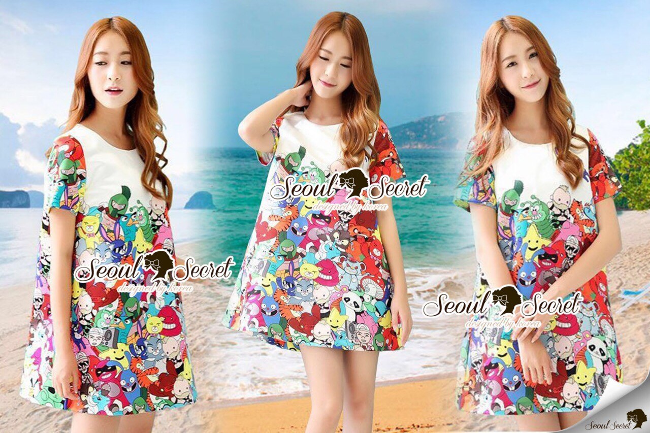 พร้อมส่ง เดรสแฟชั่นงานพิมพ์ลายการ์ตูน