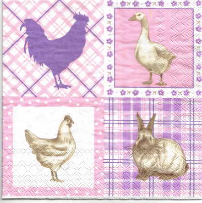 แนวภาพสัตว์ ไก่กระต่ายเป็ดในกรอบลายแต่ง เป็นภาพ 4 บล๊อค ภาพโทนสีชมพู กระดาษแนพกิ้นสำหรับทำงาน เดคูพาจ Decoupage Paper Napkins ขนาด 33X33cm