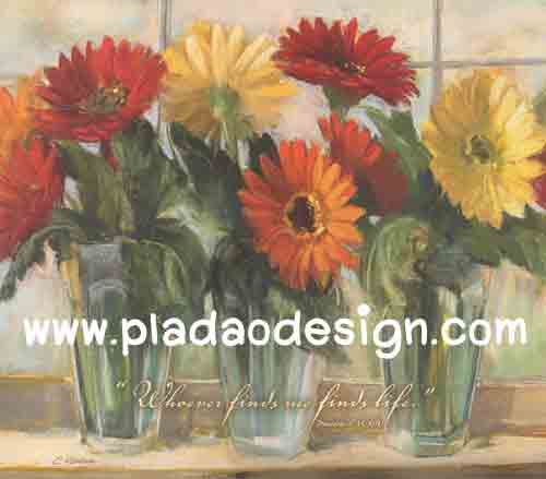 กระดาษสาพิมพ์ลาย สำหรับทำงาน เดคูพาจ Decoupage แนวภาำพ บ้านและสวน ดอกเยียบีร่า 3สี แดง ส้มเหลือง ปักในแจกันแก้วใส เป็นภาพแนวภาพวาด (ปลาดาวดีไซน์)
