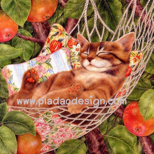 กระดาษสาพิมพ์ลาย สำหรับทำงาน เดคูพาจ Decoupage แนวภาพ แมวขนทองนอนหลับตาพริ้มบนเปลเชือกถัก น่ารักมาก