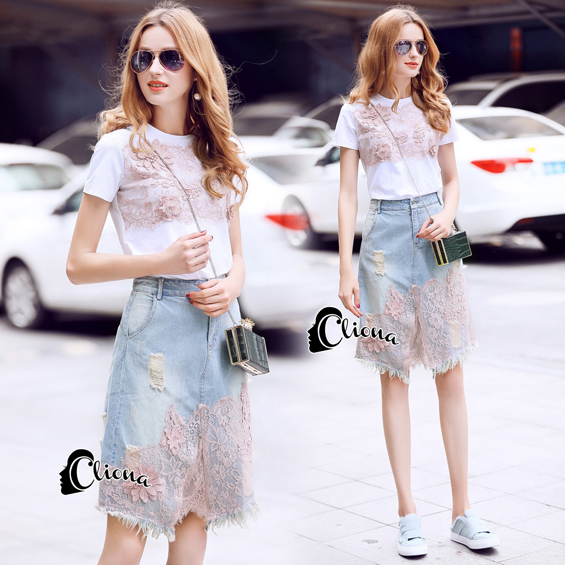 พร้อมส่ง เสื้อยืดกับกระโปรงเอวสูง