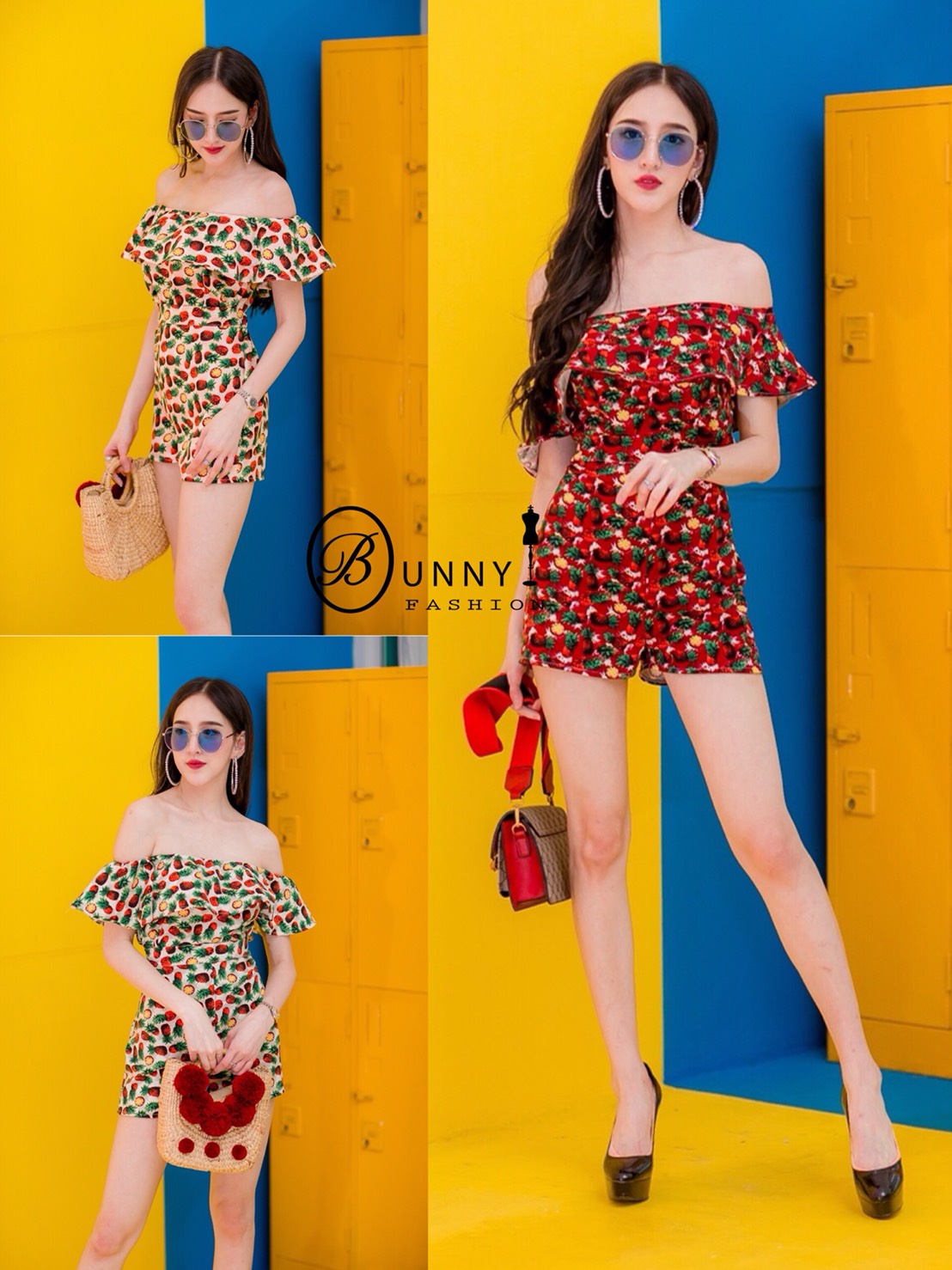 เสื้อผ้าเกาหลี พร้อมส่ง เสื้อปาดไหล่+กางเกงขาสั้นเอวสูง