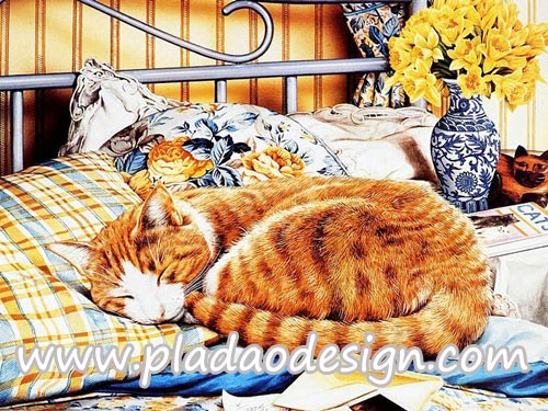 กระดาษสาพิมพ์ลาย สำหรับทำงาน เดคูพาจ Decoupage แนวภาำพ แมวน้อยจอมซนสีส้ม นอนหลับเอาแรงบนเตียงนุ่ม สบายจุงเบย