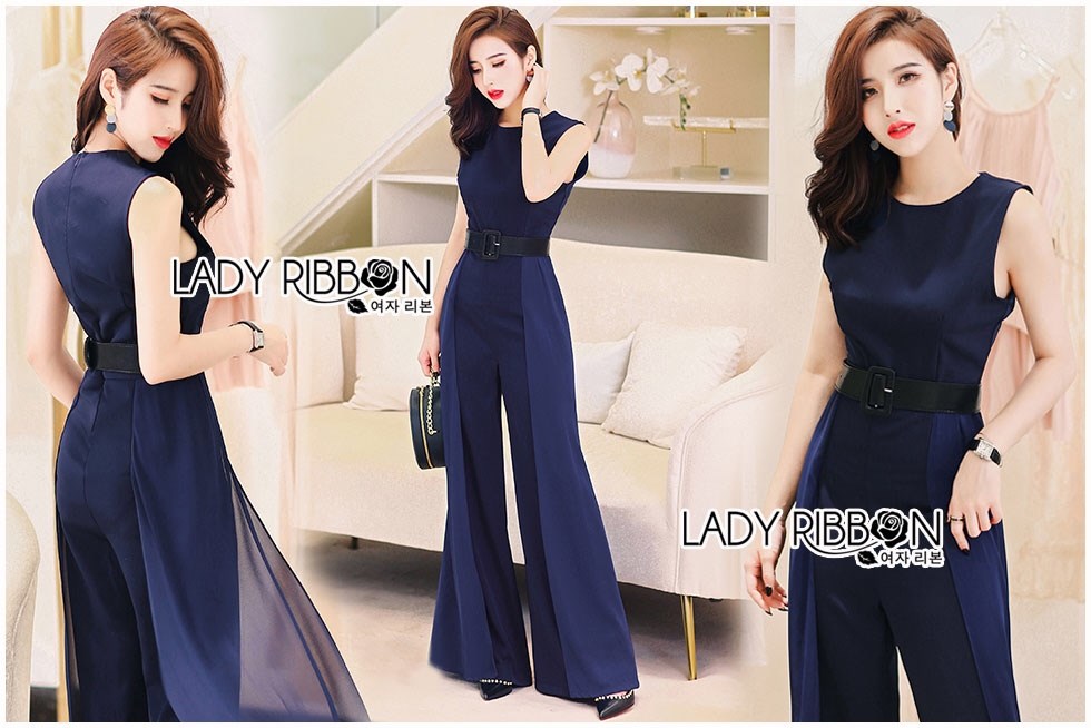 เสื้อผ้าเกาหลี พร้อมส่ง จัมป์สูท ผ้าเครปตกแต่งชีฟอง