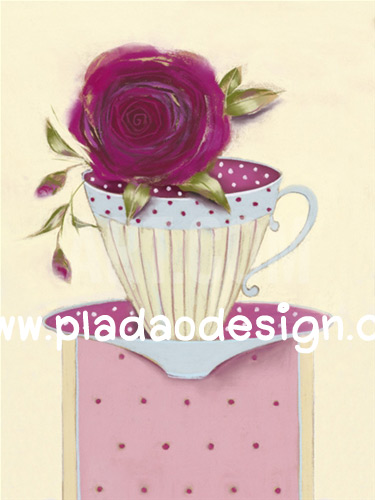 กระดาษสาพิมพ์ลาย สำหรับทำงาน เดคูพาจ Decoupage แนวภาำพ ภาพแนวการ์ตูน แก้วกาแฟลายจุด Polka dot มีดอกกุหลาบดอกโตสีแดงเข้ม วางอยู่ปากแก้ว (ปลาดาวดีไซน์)