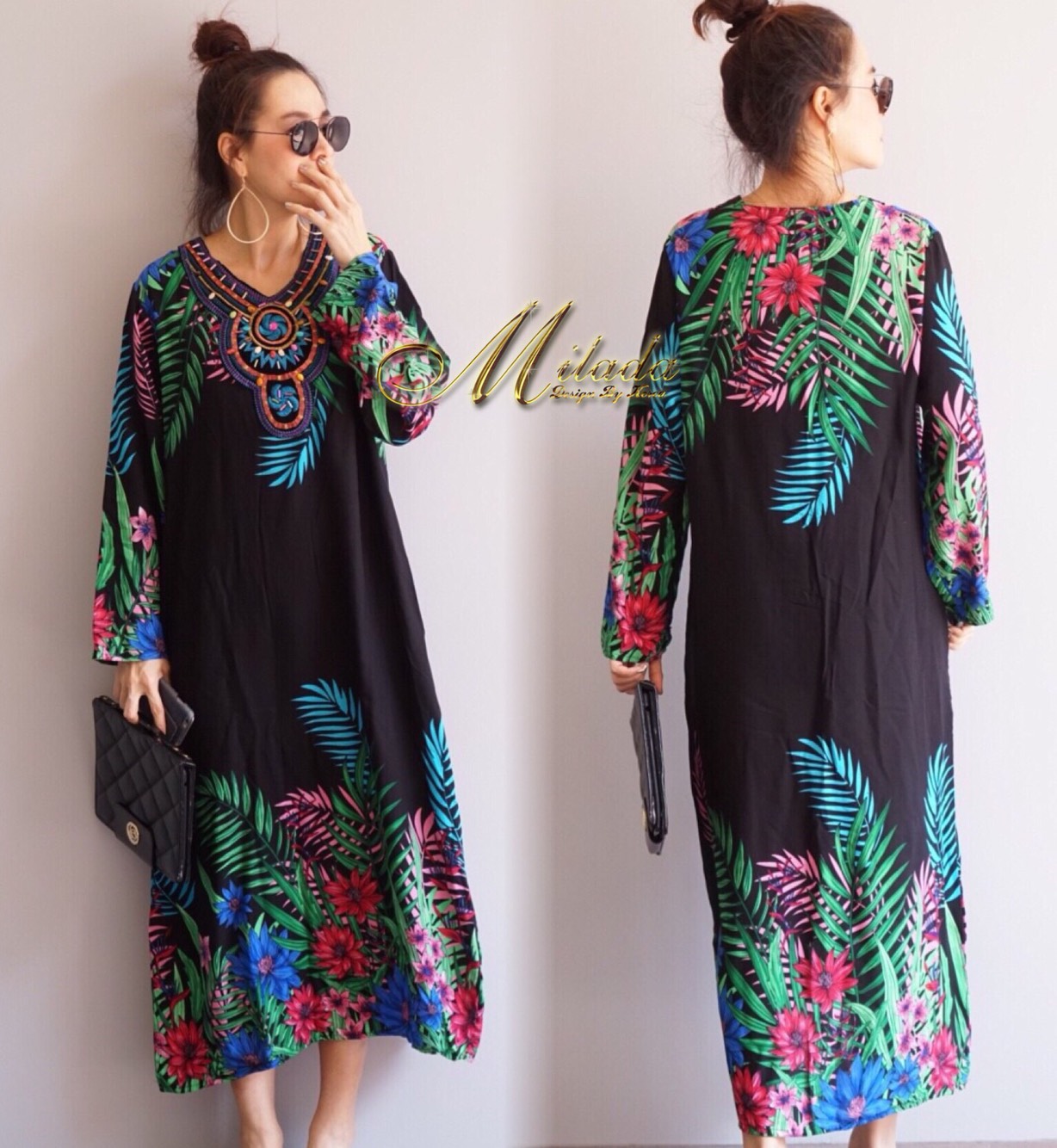 ชุดเดรสเกาหลี พร้อมส่ง Maxi Dress เนื้อผ้าสปันพิมพ์ลายดอกไม้
