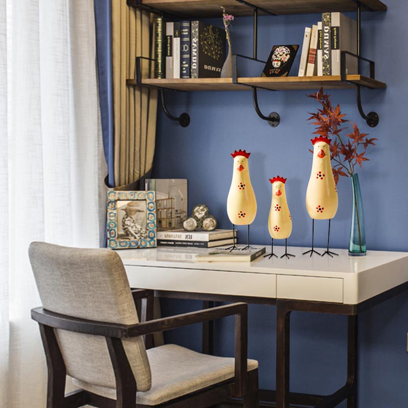 พร้อมส่ง งานไม้ ตุ๊กตาไก่ ครอบครัวไก่ยืน สีเหลืองลายดอกไม้ เซต 3 ตัว Zakka