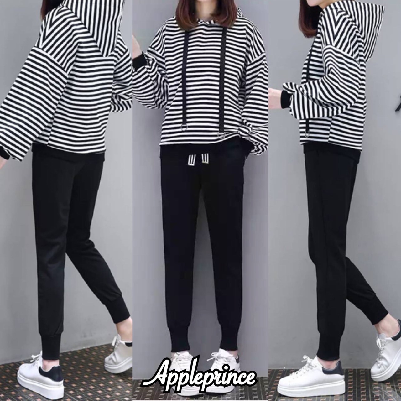 พร้อมส่ง เสื้อแฟชั่นแขนยาวมีฮู้ด+กางเกง